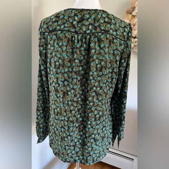 Talbots Peacock Feather Printed Scalloped Neckline Blouse - Picture 3 of 8